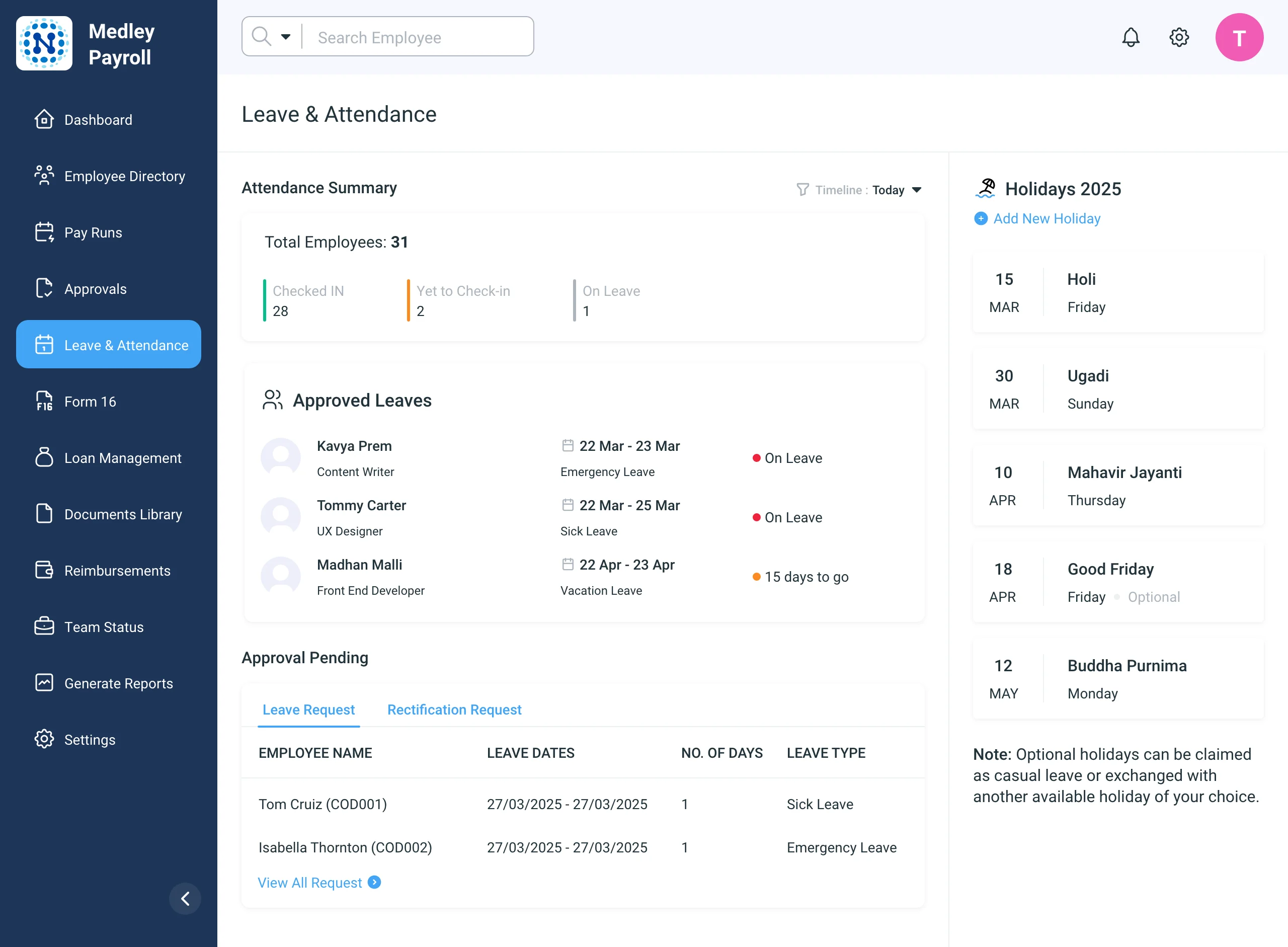 MedleyHR Leave & Attendance screen