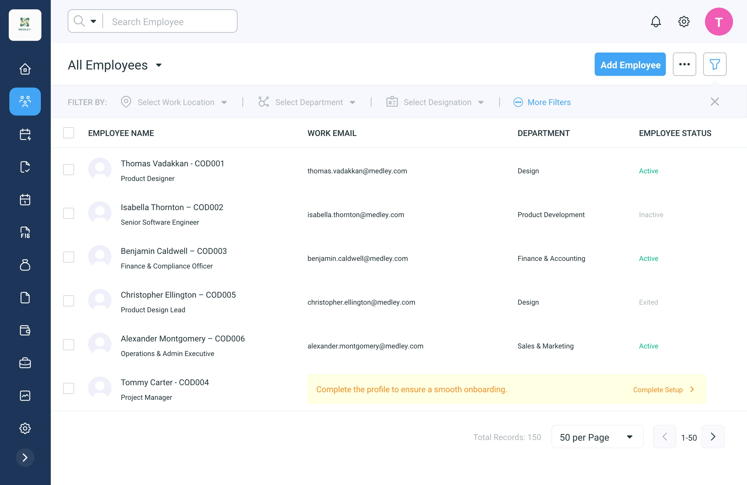 MedleyHR Employee List screen