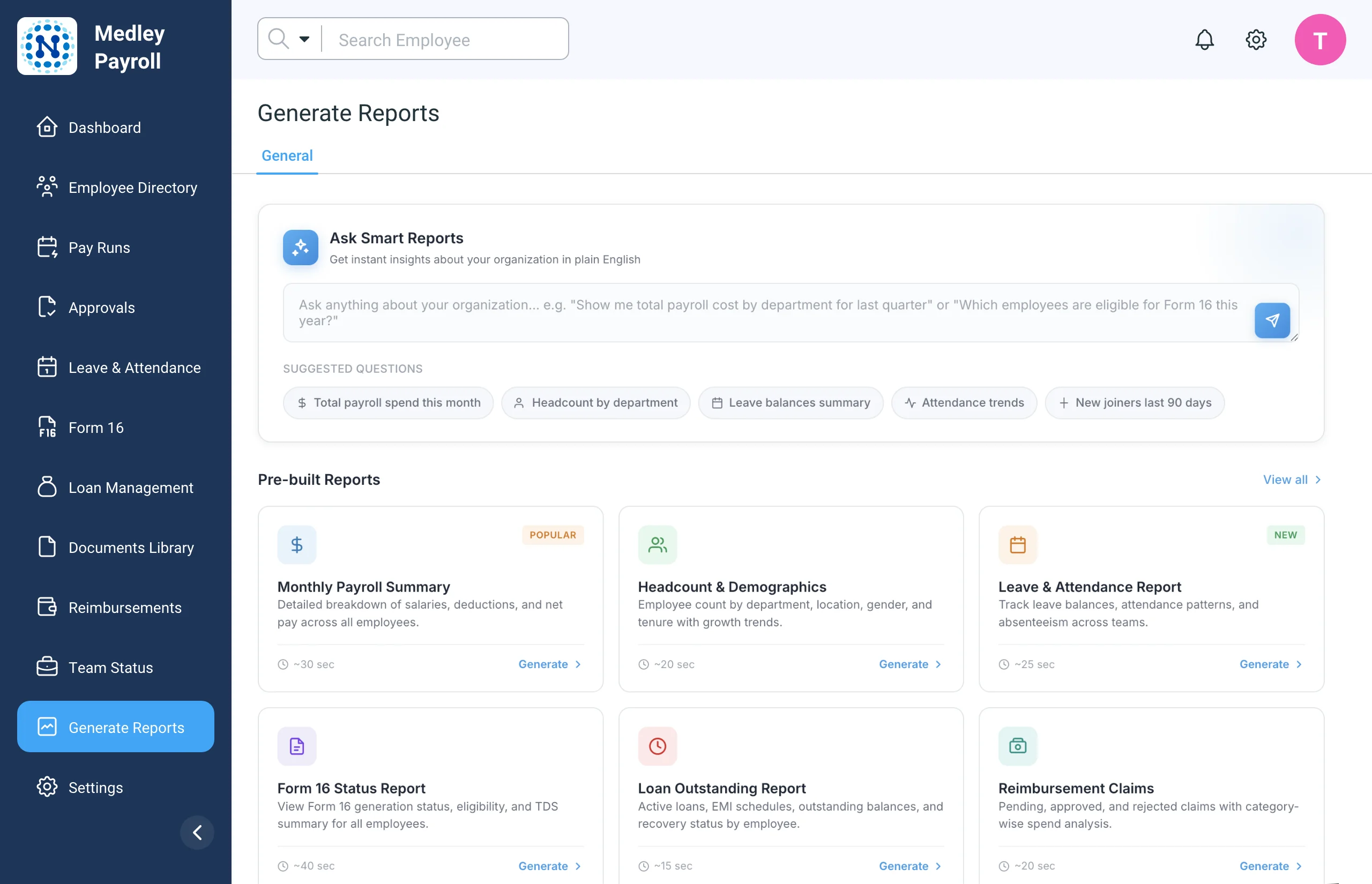 MedleyHR Generate Reports screen